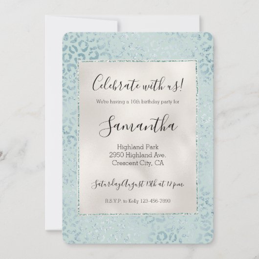 Blauwe Mint Luipaardprint Glitter Kaart (Voorkant)