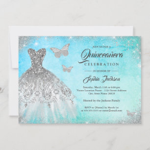Blauwe Mint Sparkle Jurk Vlinder Quinceanera Invi Kaart