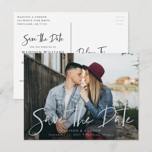 Blauwe Mist Handlettered Script Foto Save the Date Aankondigingskaart (Voorkant / Achterkant)