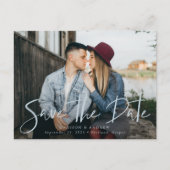 Blauwe Mist Handlettered Script Foto Save the Date Aankondigingskaart (Voorkant)