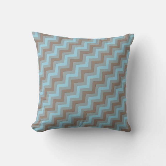 Blauwe mocca bruin zigzag chevron patterned kussen (Voorkant)