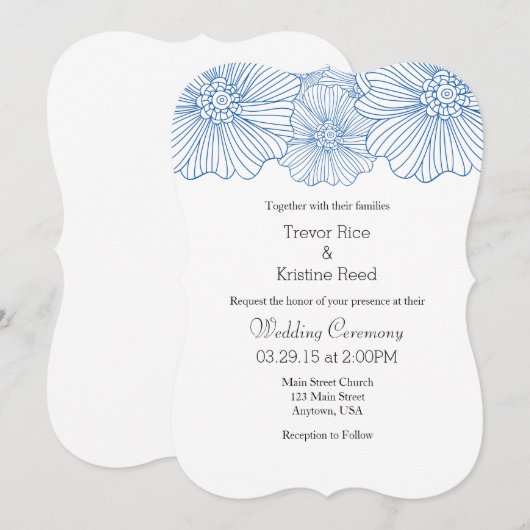 Blauwe Mod Flower omlijnt Wedding Invitations Kaart (Voorkant / Achterkant)