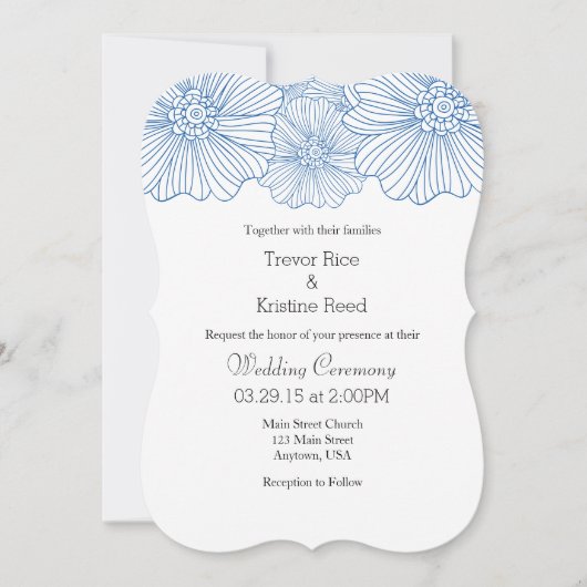 Blauwe Mod Flower omlijnt Wedding Invitations Kaart (Voorkant)