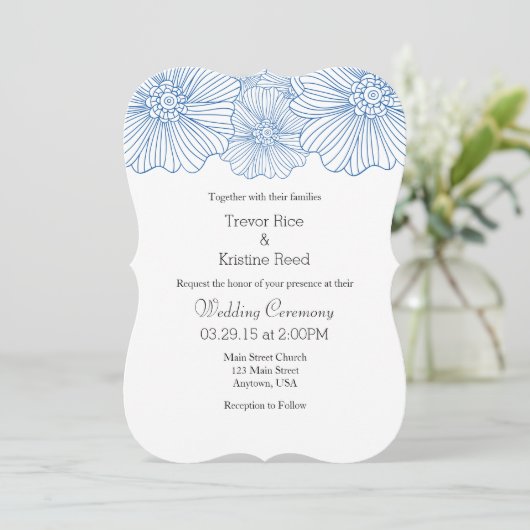 Blauwe Mod Flower omlijnt Wedding Invitations Kaart (Staand voorkant)
