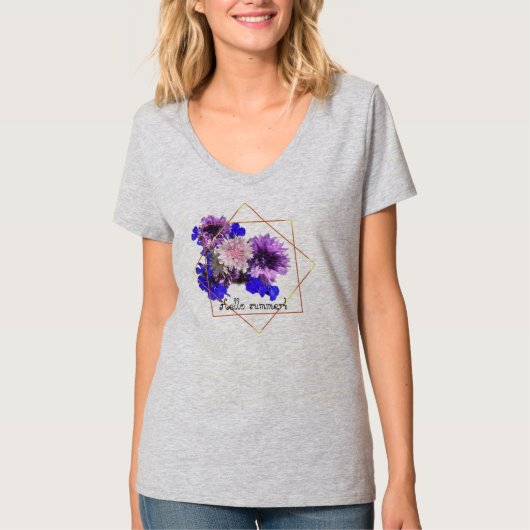 Blauwe moderne bloemen t-shirt (Voorkant)