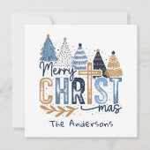 Blauwe Moderne Bomen Christus Vrolijke Kerstnaam Feestdagenkaart (Voorkant)