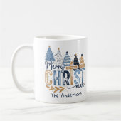 Blauwe Moderne Bomen Christus Vrolijke Kerstnaam Koffiemok (Links)