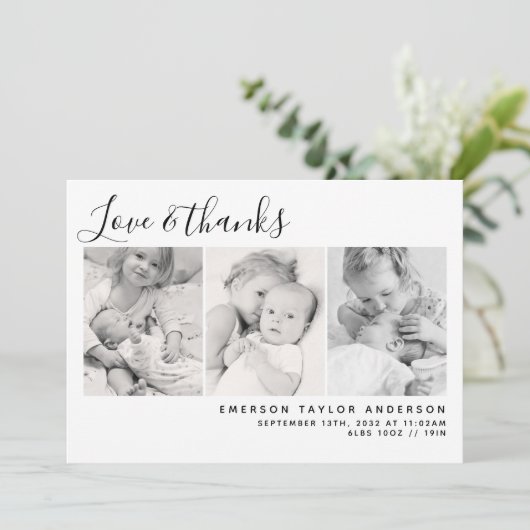 Blauwe moderne drie foto's nieuwe baby bedankkaart (Staand voorkant)