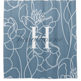 Blauwe Moderne Elegante Wilde Bloem Monogram Naam Douchegordijn