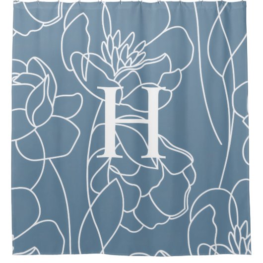 Blauwe Moderne Elegante Wilde Bloem Monogram Naam Douchegordijn (Voorkant)