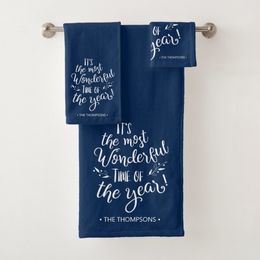 Blauwe Moderne Kersttypografie Persoonlijk Bad Handdoek (Insitu)