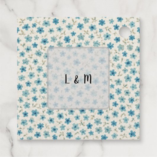 Blauwe moderne kleine bloemen bedankjes labels (Achterkant)