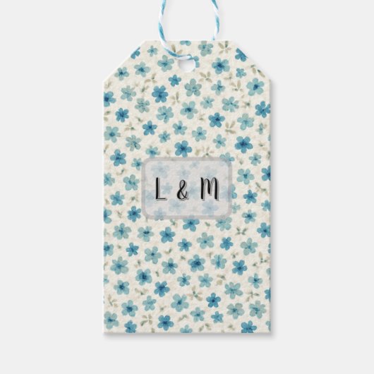 Blauwe moderne kleine bloemen cadeaulabel (Voorkant)