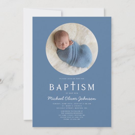Blauwe Moderne Religieuze Kruis Foto Jongens Doop Kaart (Voorkant)