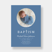 Blauwe Moderne Religieuze Kruis Foto Jongens Doop Kaart