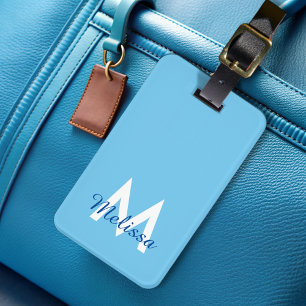 Blauwe Moderne Script Meisjesachtige Monogram Naa Bagagelabel