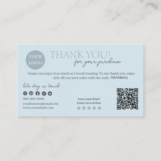 Blauwe moderne script QR-code, dank je kaars Visitekaartje (Achterkant)