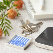 Blauwe Moderne Stripe met Monogram Sleutelhanger (Zijkant)