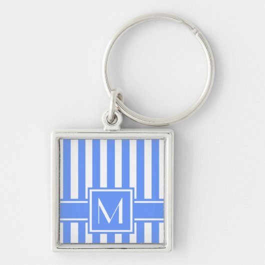 Blauwe Moderne Stripe met Monogram Sleutelhanger (Voorkant)