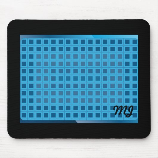 Blauwe moderne vierkanten met initialen muismat (Voorkant)