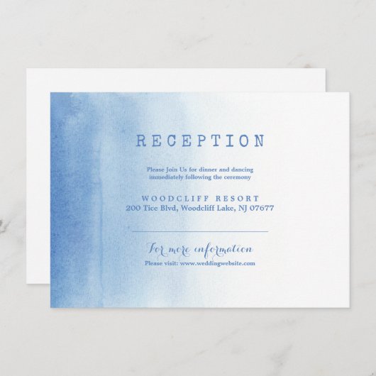 Blauwe moderne waterverf strand bruiloft receptie  kaart (Voorkant / Achterkant)