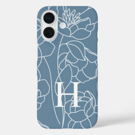Blauwe Moderne Waterverf Wildbloem Naam Monogram iPhone 16 Hoesje
