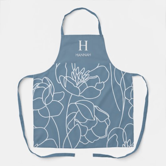Blauwe Moderne Wilde Bloem Aangepaste Monogram Naa Schort (Voorkant)