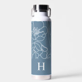 Blauwe Moderne Wilde Bloem Monogram Naam Waterfles (Voorkant)