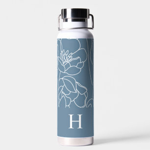 Blauwe Moderne Wilde Bloem Monogram Naam Waterfles