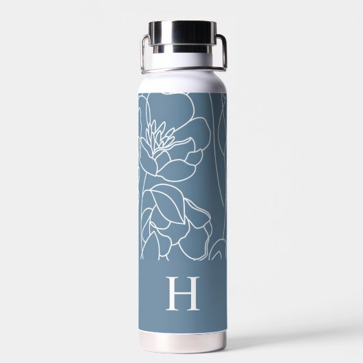 Blauwe Moderne Wilde Bloem Monogram Naam Waterfles (Achterkant)