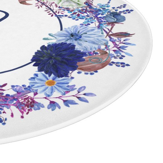 Blauwe moeder krans monogram snijplank (Hoek)