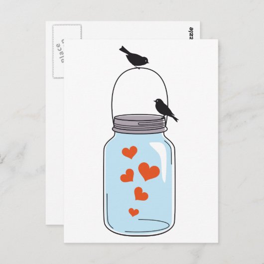 blauwe moeraspot met rode harten en vogels briefkaart (Voorkant / Achterkant)