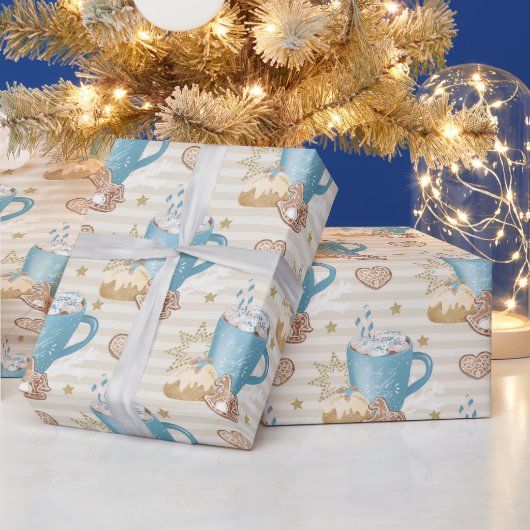 Blauwe mok & gemberkoek patroon cadeaupapier (Feestdagen)