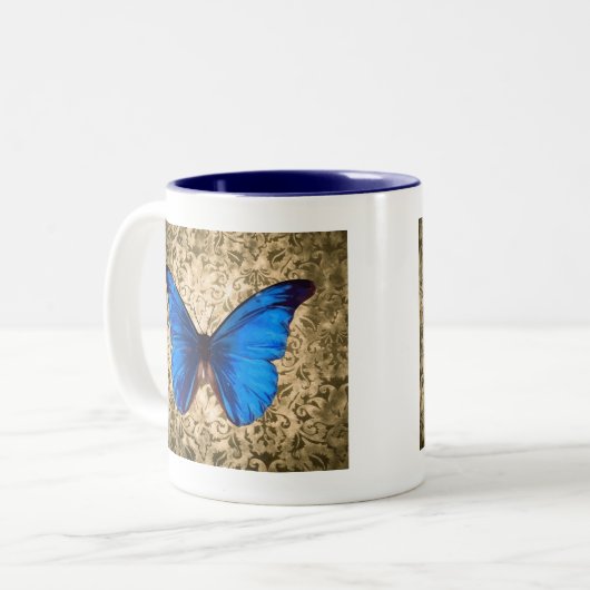 Blauwe monboogvlinderdarm  kunst tweekleurige koffiemok (Voorkant links)