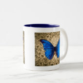 Blauwe monboogvlinderdarm kunst tweekleurige koffiemok (Voorkant rechts)