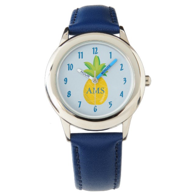 Blauwe monogram anananas kinderen horloge (Voorkant)