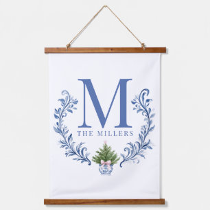 Blauwe Monogram Crest met kerstboom Hangend Wandkleed