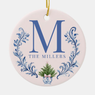 Blauwe Monogram Crest met kerstboom Keramisch Ornament