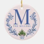 Blauwe Monogram Crest met kerstboom Keramisch Ornament (Achterkant)