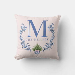 Blauwe Monogram Crest met kerstboom Kussen