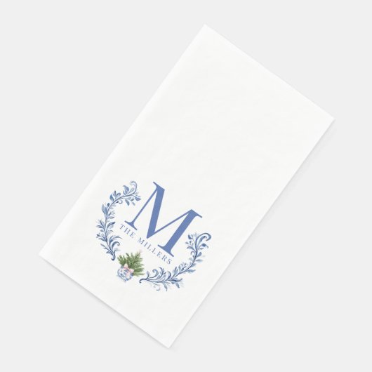 Blauwe Monogram Crest met kerstboom Servet (Hoek)