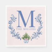 Blauwe Monogram Crest met kerstboom Servet (Voorkant)