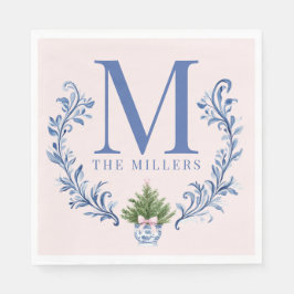 Blauwe Monogram Crest met kerstboom Servet