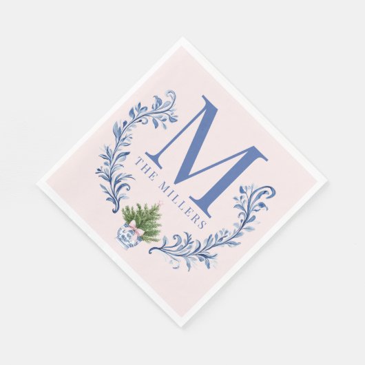 Blauwe Monogram Crest met kerstboom Servet (Hoek)