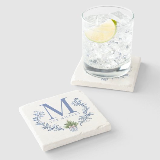 Blauwe Monogram Crest met kerstboom Stenen Onderzetter (Zijkant)