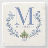 Blauwe Monogram Crest met kerstboom Stenen Onderzetter (Voorkant)