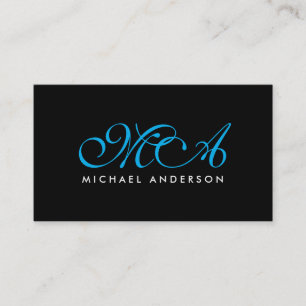 Blauwe monogram Elegant Script Black Achtergrond Visitekaartje