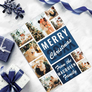 Blauwe monogram familie foto's met kerstmis kaart