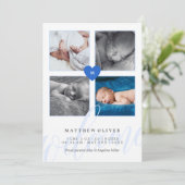 Blauwe monogram Foto Collage Baby Aankondiging (Staand voorkant)