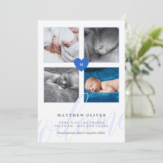 Blauwe monogram Foto Collage Baby Aankondiging (Staand voorkant)